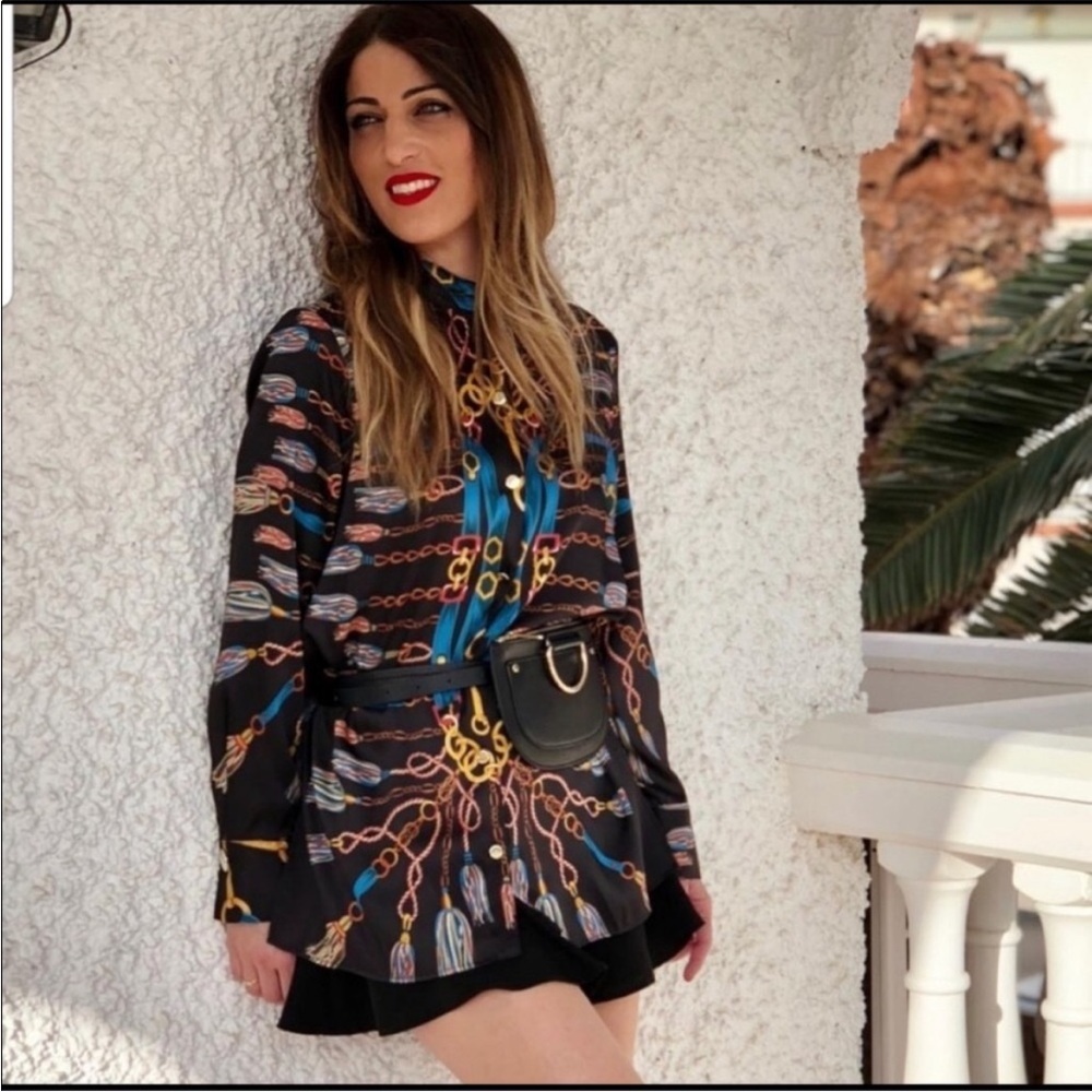 ZARA BLOGGER FAVE Black & Blue Chain Scarf Printed Long Tunic Blouse Top XS - Picture 13 of 17